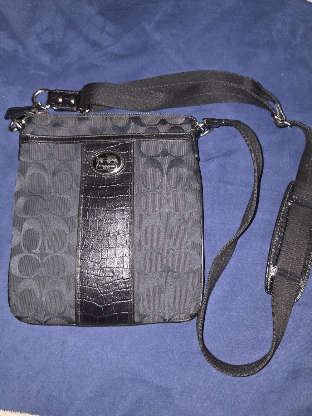 Coach Black Signature Crossbody with Croc-Embossed Trim